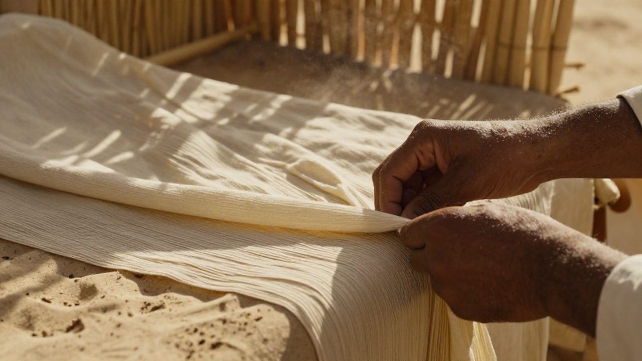 Artesano egipcio trabajando con finas capas de lino bajo la luz dorada del desierto.