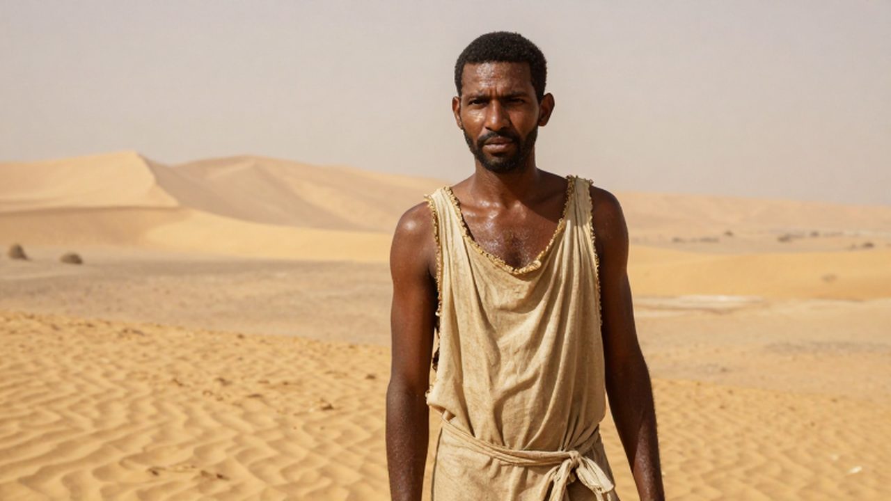 Trabajador del antiguo Egipto con la piel sudorosa bajo el sol intenso frente a las dunas.