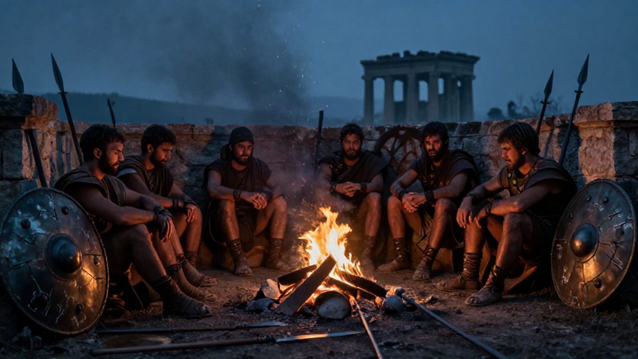 Soldados hoplitas agotados descansan junto a una fogata en un campamento militar de la antigua Grecia.