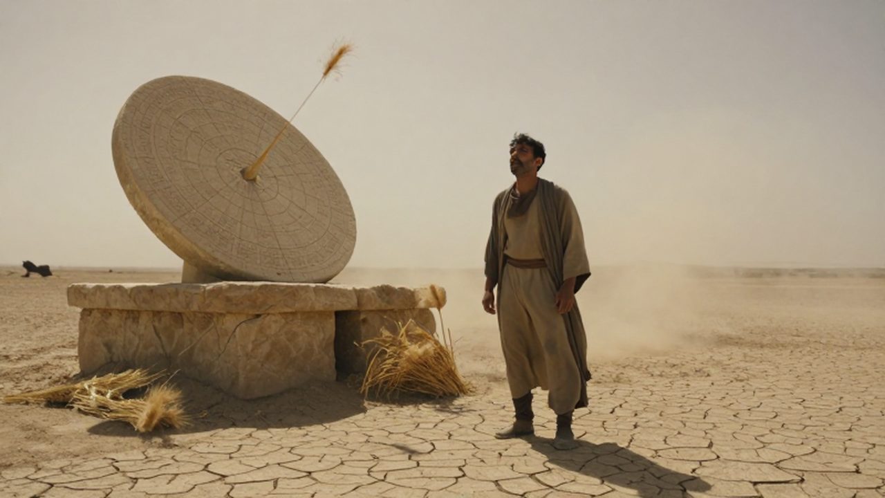 Un agricultor mesopotámico angustiado observa un enorme reloj de sol en un campo agrietado por la sequía.