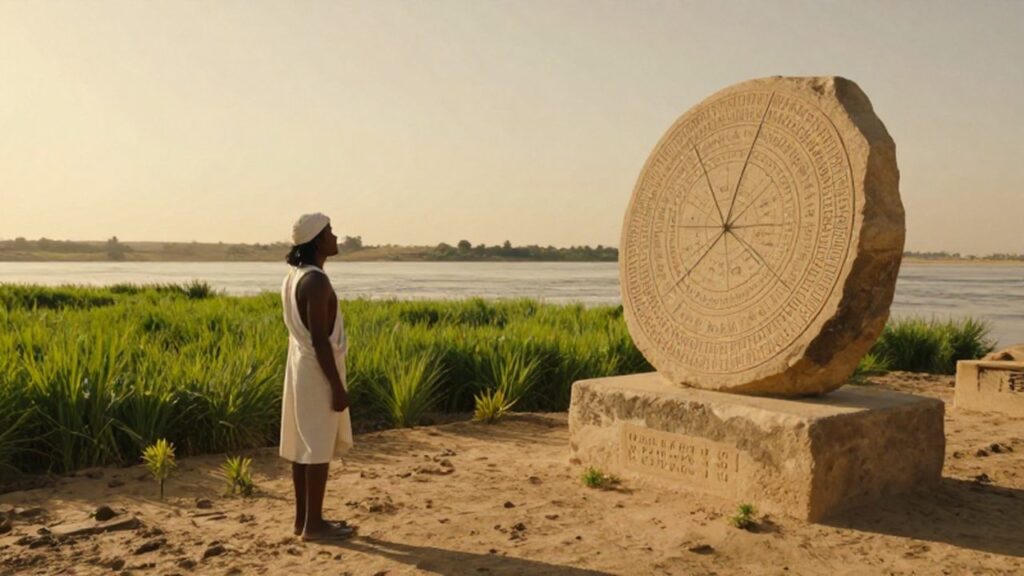 Un agricultor egipcio observa el río Nilo junto a un monolito con inscripciones astronómicas.