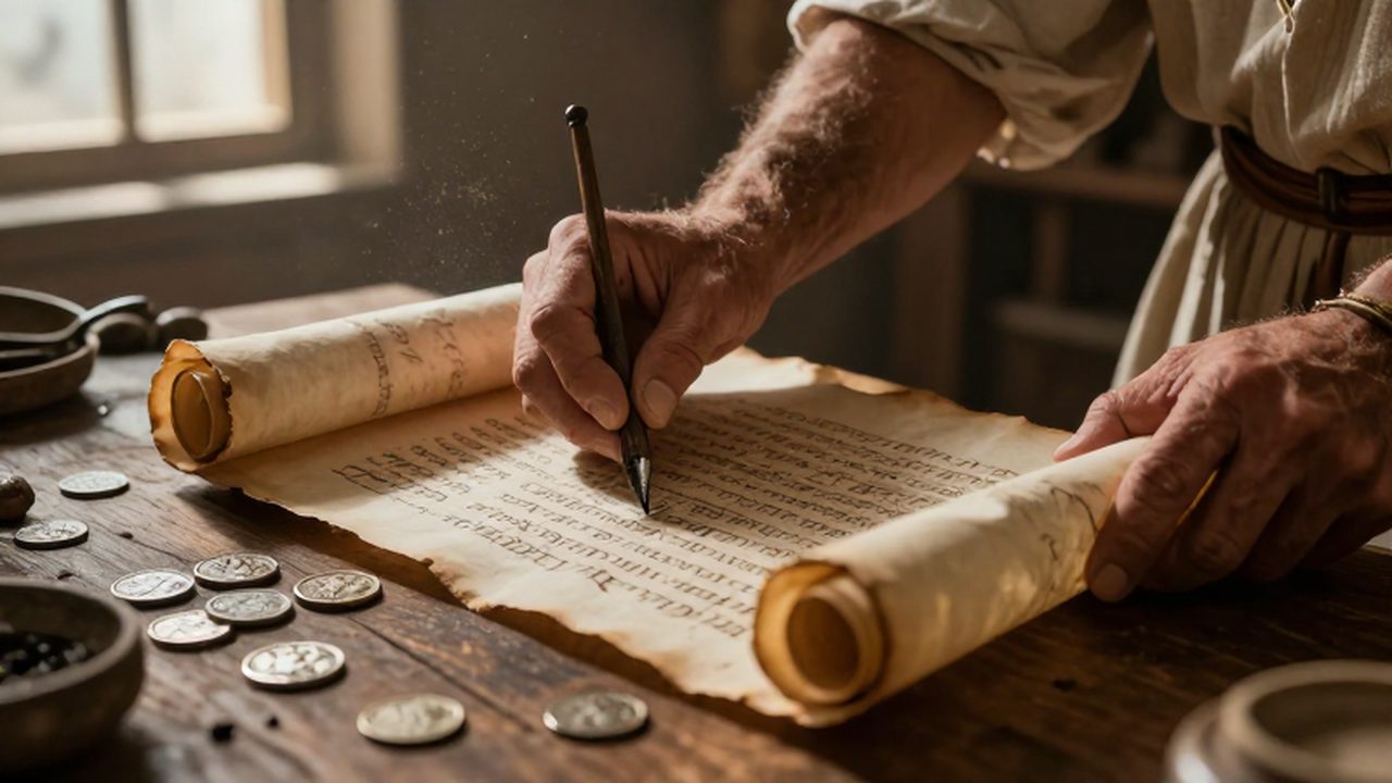 Manos curtidas de un mercader griego desenrollando un pergamino con monedas de plata sobre madera.