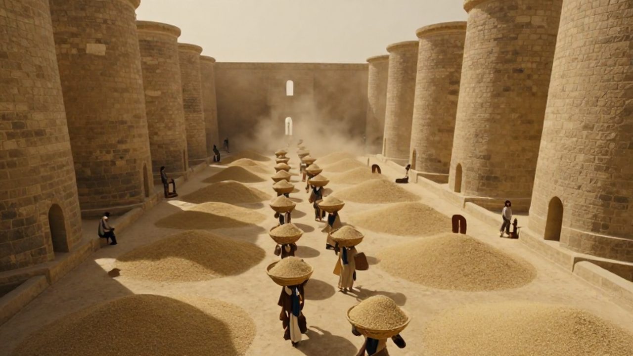 Trabajadores y escribas procesan grandes cantidades de grano en un granero de Mesopotamia antigua.