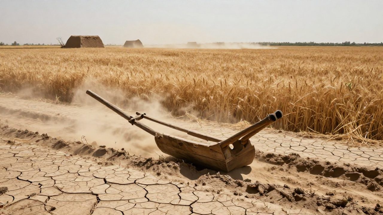Un arado de madera abandonado en un campo de trigo seco bajo un sol abrasador.