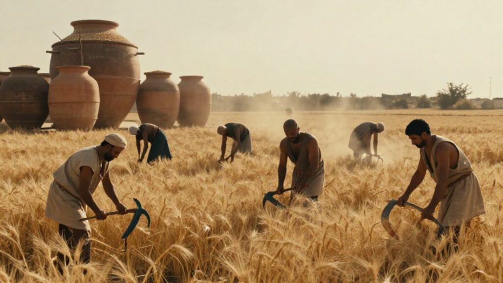 Agricultores de la antigua Mesopotamia cosechan campos de trigo bajo la luz del amanecer.