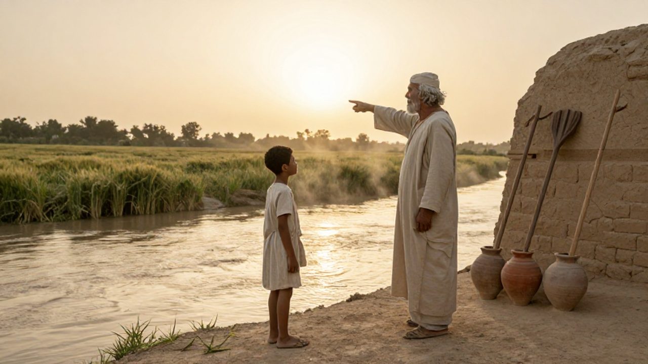 Un agricultor anciano señala el río desbordado a un joven aprendiz en un campo de Mesopotamia.