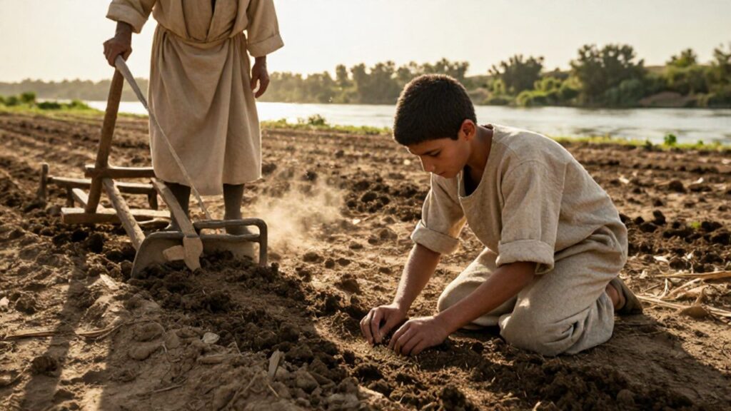 Un joven mesopotámico siembra semillas de cebada en un campo fértil junto a un agricultor anciano.
