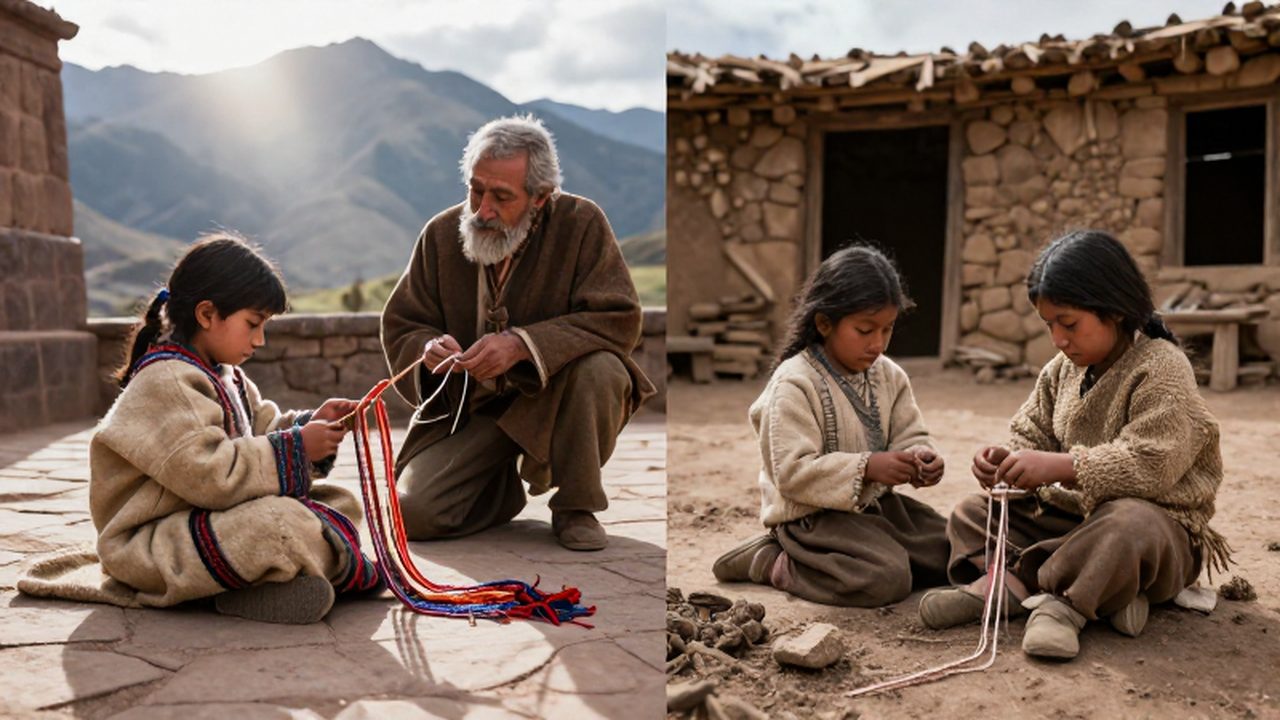 División de la vida en el Imperio Inca entre un niño noble aprendiendo quipus y un niño campesino en su aldea.
