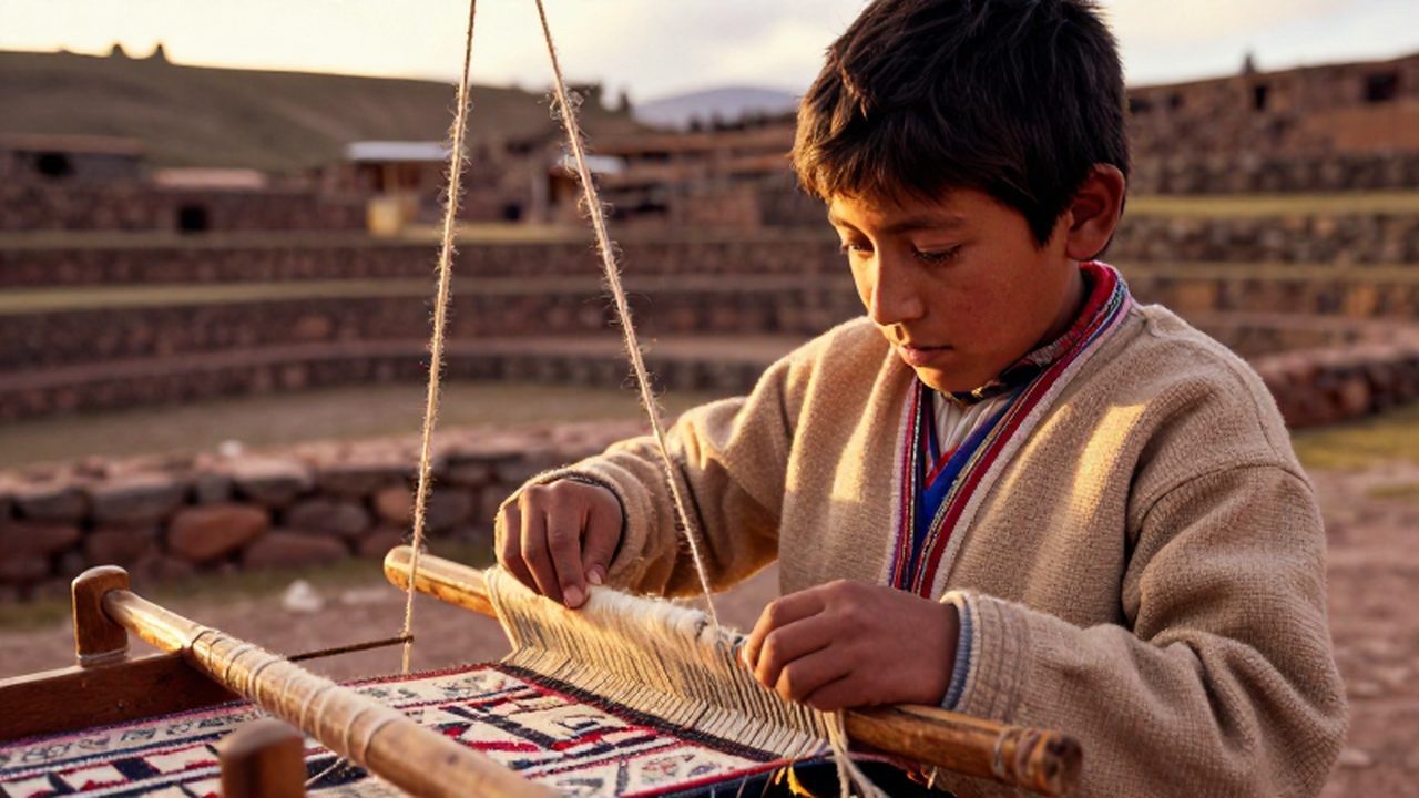 Niño inca concentrado tejiendo patrones con lana en un telar bajo la luz del atardecer.