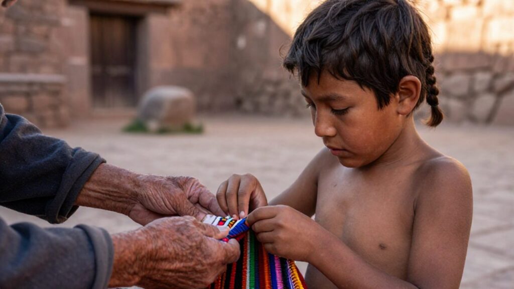 Un niño inca aprende a tejer un textil colorido bajo la guía de un anciano.
