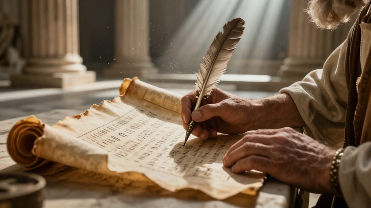 Manos de un erudito griego escribiendo caracteres antiguos sobre un pergamino bajo la luz del sol.