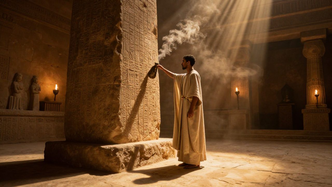Un sacerdote de Mesopotamia vierte aceite frente a un monolito con inscripciones cuneiformes en una cámara sagrada.