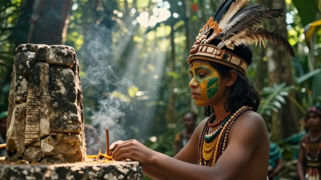 Adolescente maya con pintura facial y tocado de plumas frente a un altar de piedra en la selva.
