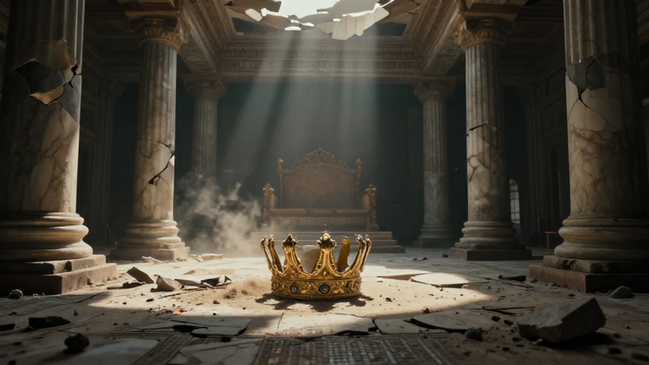 Corona de oro abandonada entre los escombros y columnas rotas de un salón imperial en ruinas.