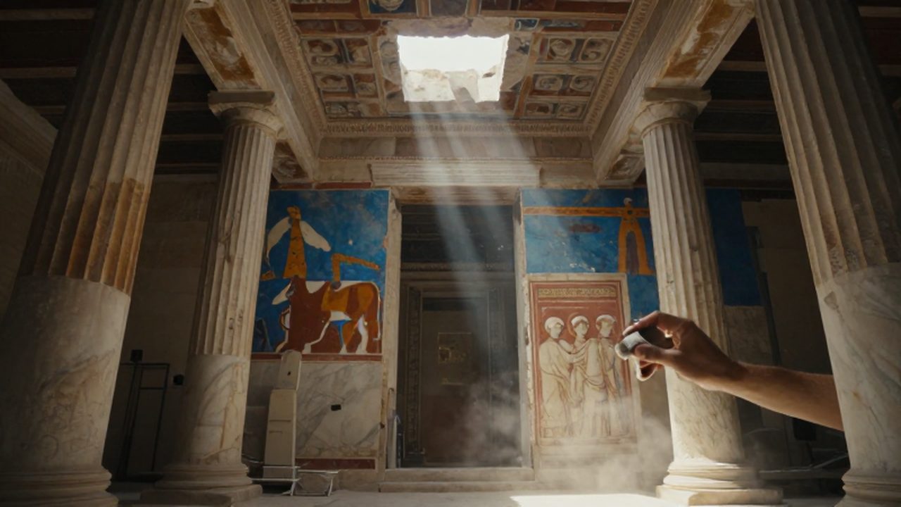 Un arqueólogo limpia con un pincel un relieve de colores vivos en un templo griego.