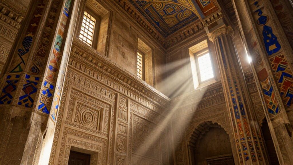 Gran salón antiguo con columnas decoradas y relieves dorados bajo haces de luz solar.