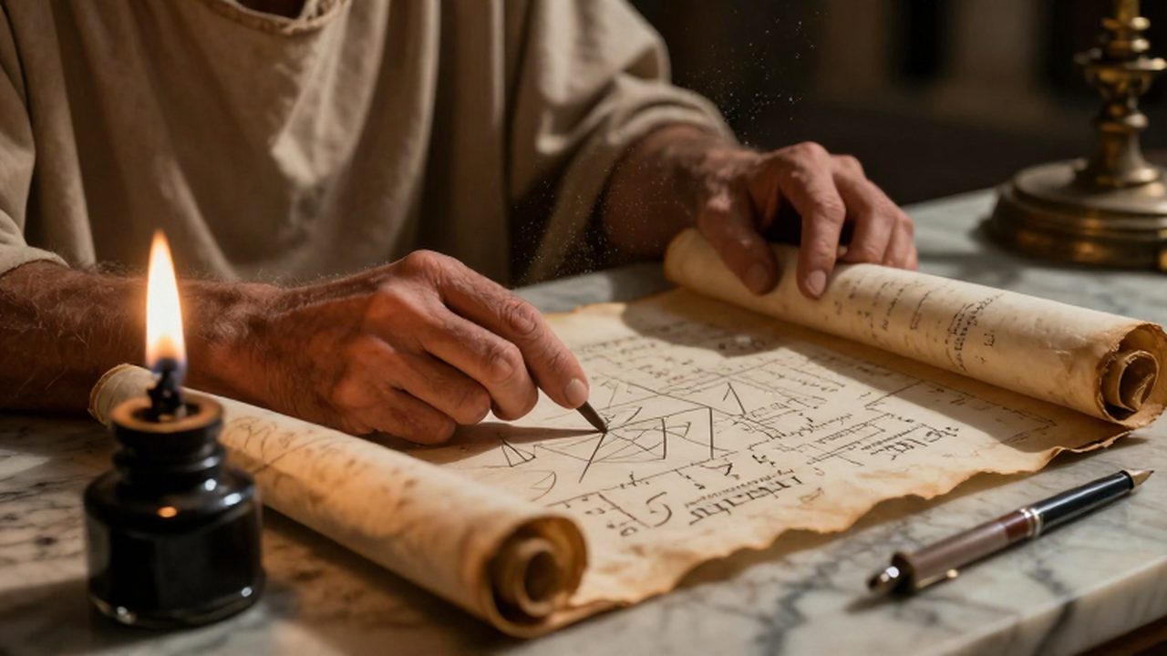 Manos de un filósofo griego trazando diagramas geométricos sobre un pergamino antiguo a la luz de una lámpara.