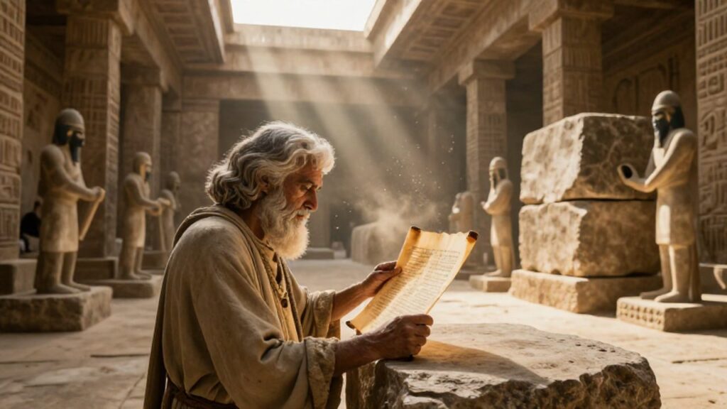 Un erudito estudia un papiro brillante en una biblioteca antigua junto a canteros trabajando en una cantera.