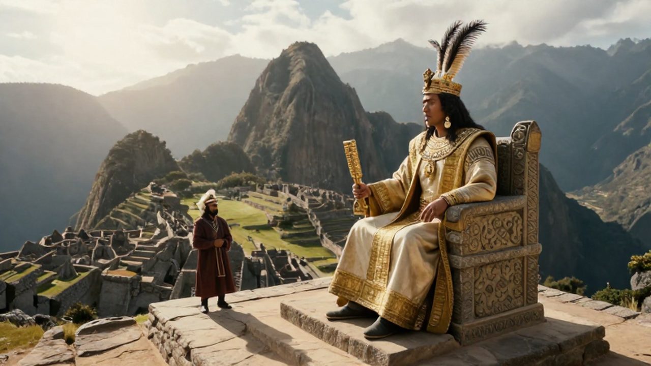 Emperador inca con corona de plumas sentado en un trono de piedra frente a un imperio andino.