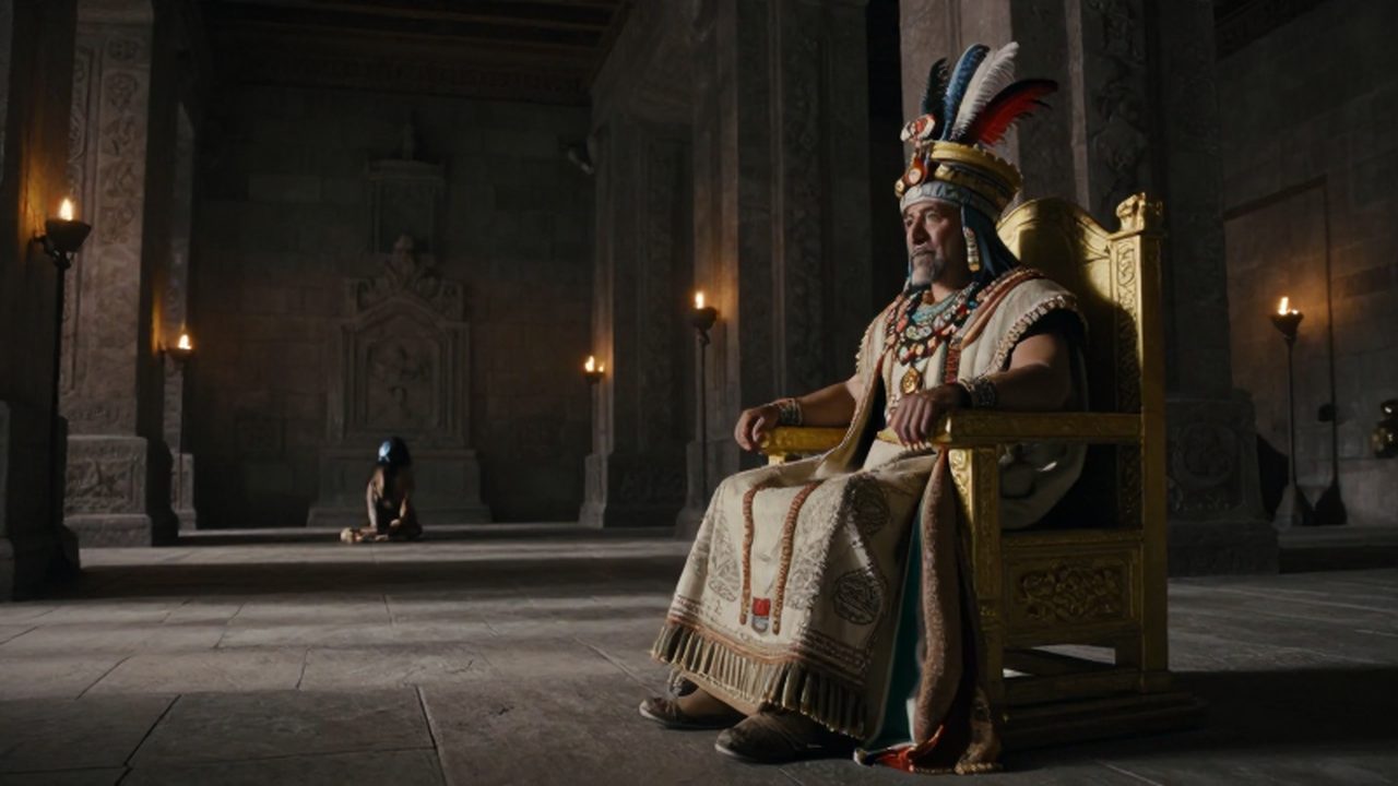 Un anciano emperador inca con tocado de plumas descansa en su trono de oro dentro de un gran palacio de piedra.