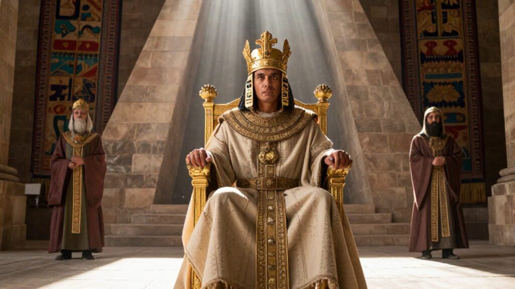 Emperador inca con corona de oro sentado en su trono dentro de un palacio de piedra.