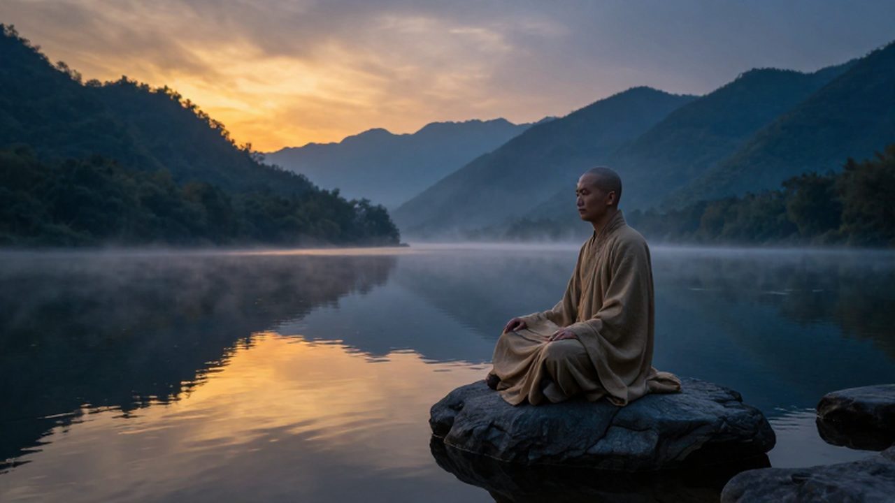 Monje en meditación sobre una piedra junto a un lago tranquilo bajo un atardecer montañoso.