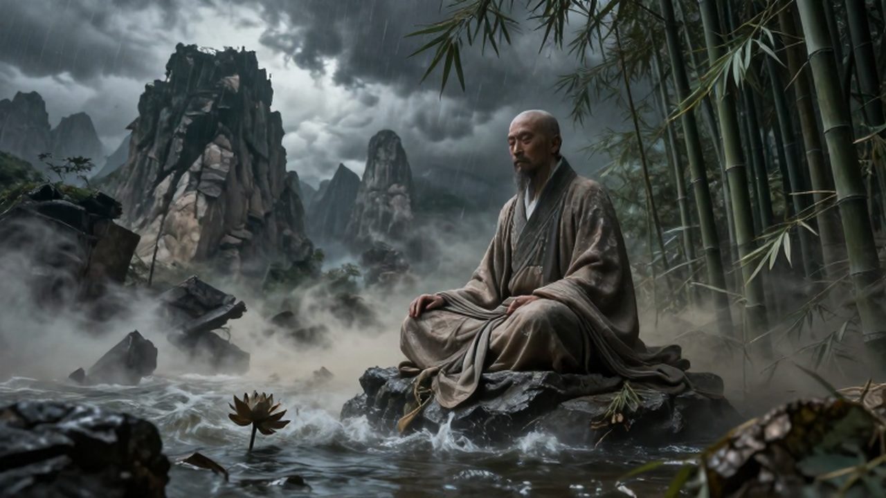 Sabio chino en meditación serena mientras una tormenta sacude montañas y un bambual.