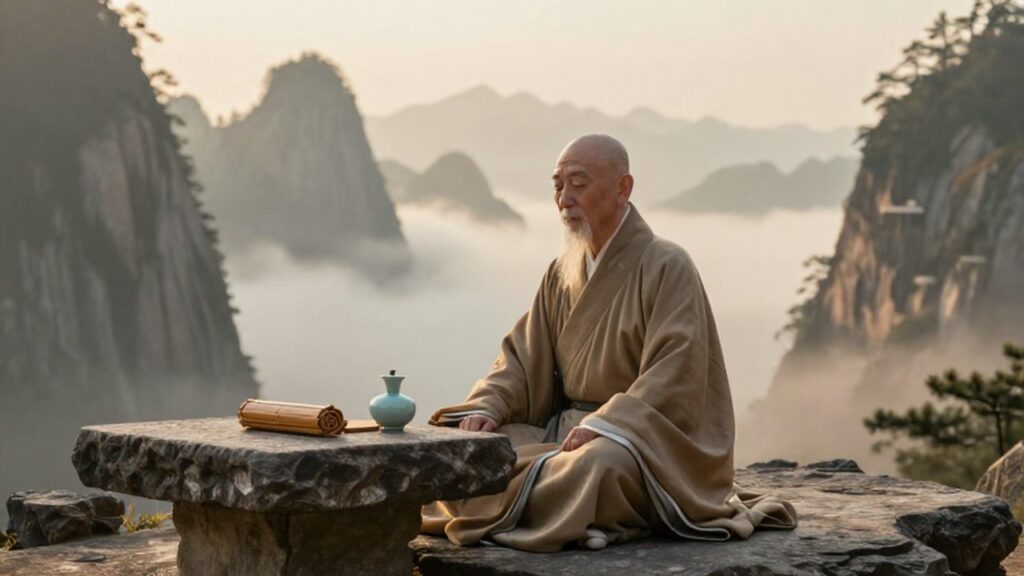 Filósofo chino con túnicas de seda meditando frente a un paisaje de montañas con niebla.