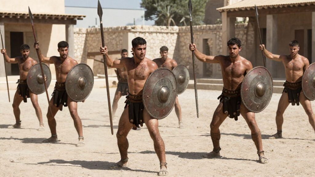 Jóvenes espartanos entrenando con lanzas y escudos bajo la intensa luz mediterránea en un patio de piedra.