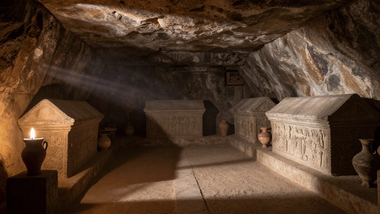 Interior de una tumba etrusca excavada en piedra con sarcófagos tallados y vasijas de terracota.