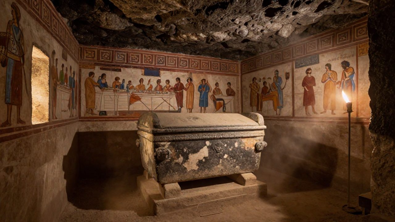 Sarcófago de piedra en una tumba etrusca decorada con frescos de escenas de banquetes.