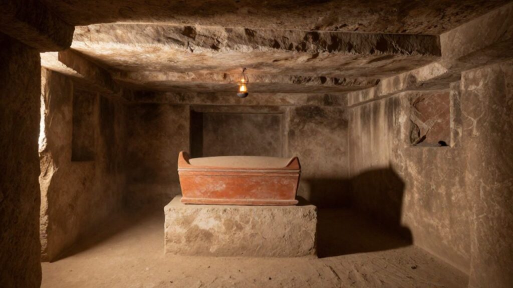 Sarcófago de terracota sobre un plinto de piedra en el interior de una tumba etrusca excavada en roca.