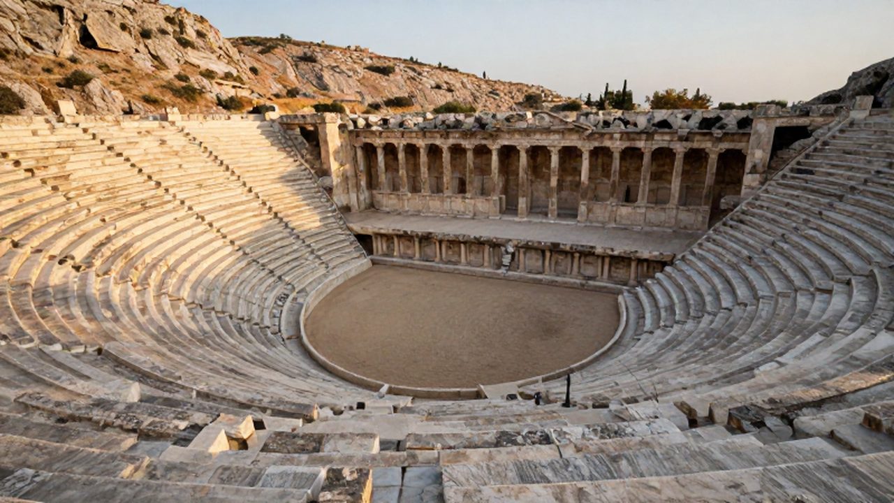 Antiguo teatro griego con gradas de mármol talladas en una colina bajo la luz dorada.