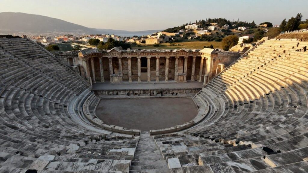 Teatro griego antiguo de piedra con gradas semicirculares bajo la luz del atardecer.