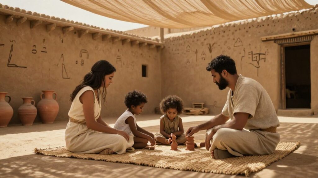Familia en el antiguo Egipto sentada en un patio con niños jugando con figuritas de barro.