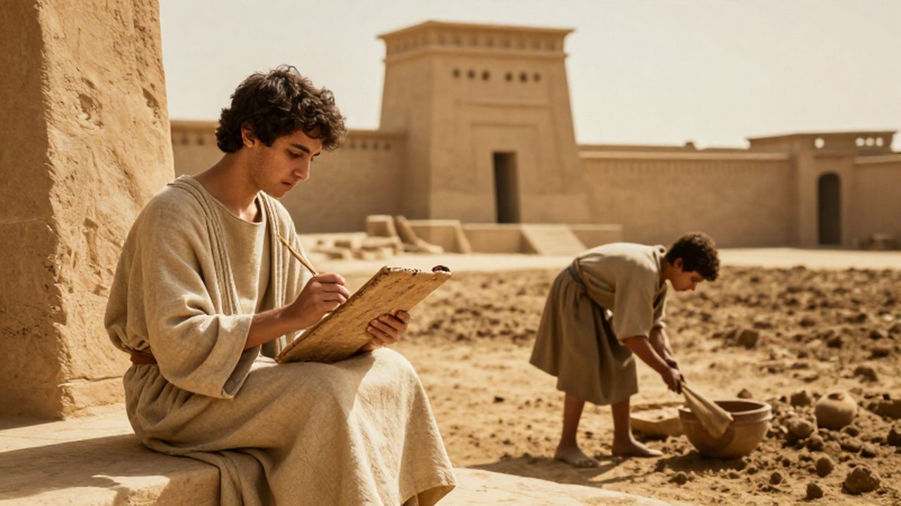Comparativa de la jerarquía social en Mesopotamia con un estudiante noble y un niño trabajador.