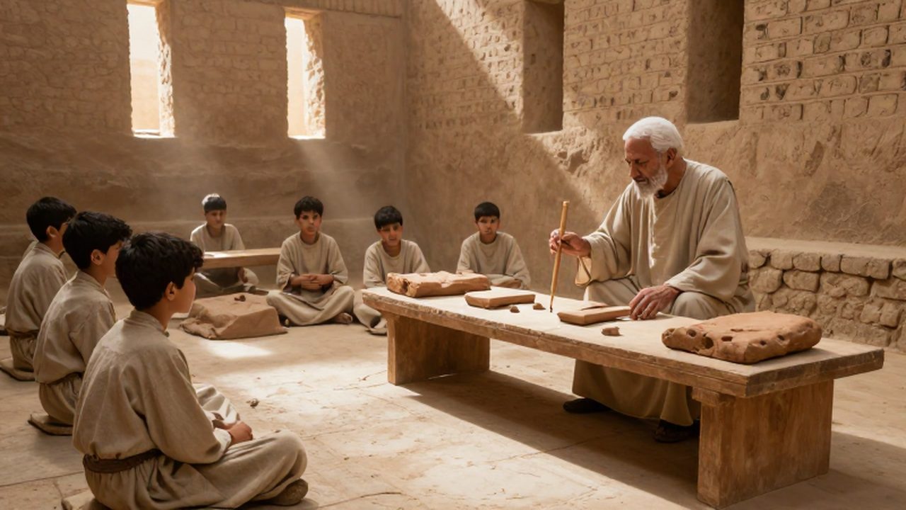 Estudiantes de Mesopotamia aprenden escritura en tablillas de arcilla junto a un instructor anciano.