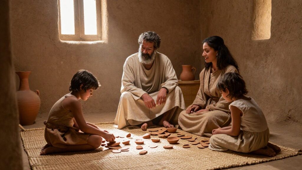 Familia de la antigua Mesopotamia sentada en una casa de adobe con niños jugando cerca.