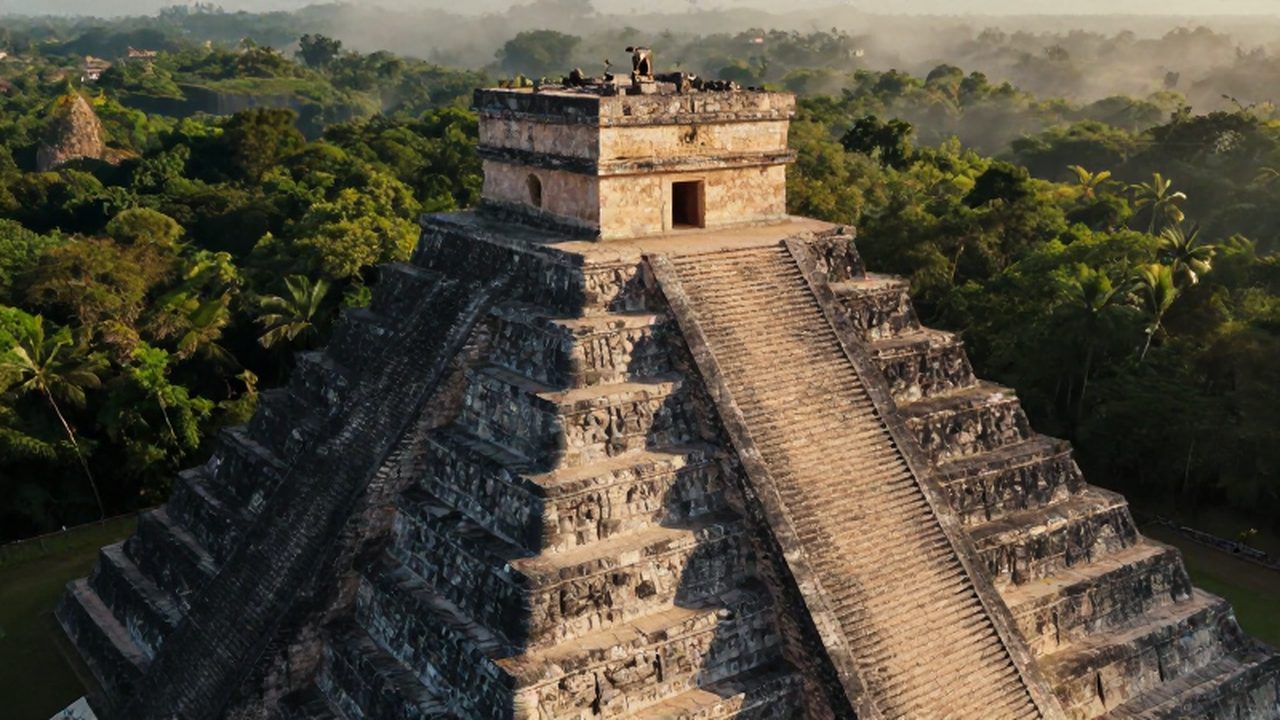 Pirámide maya de piedra emergiendo sobre una densa selva tropical bajo la luz del atardecer.