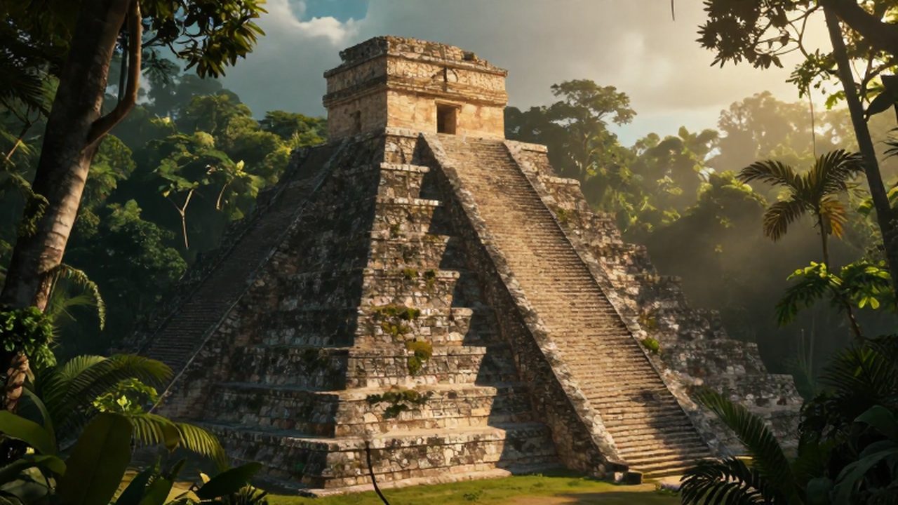 Pirámide maya de piedra cubierto de musgo emergiendo entre la densa selva tropical.