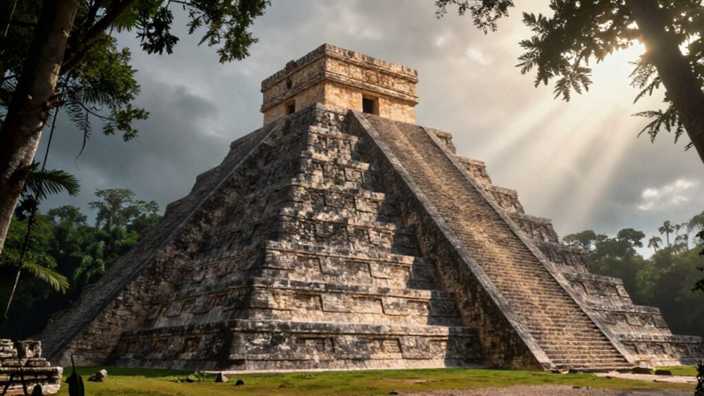 Pirámide escalonada maya de piedra rodeada por la densa vegetación de la selva tropical.