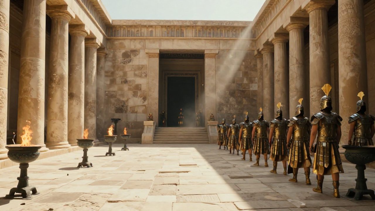 Guerreros con armadura de bronce desfilan por el gran patio de un palacio micénico.
