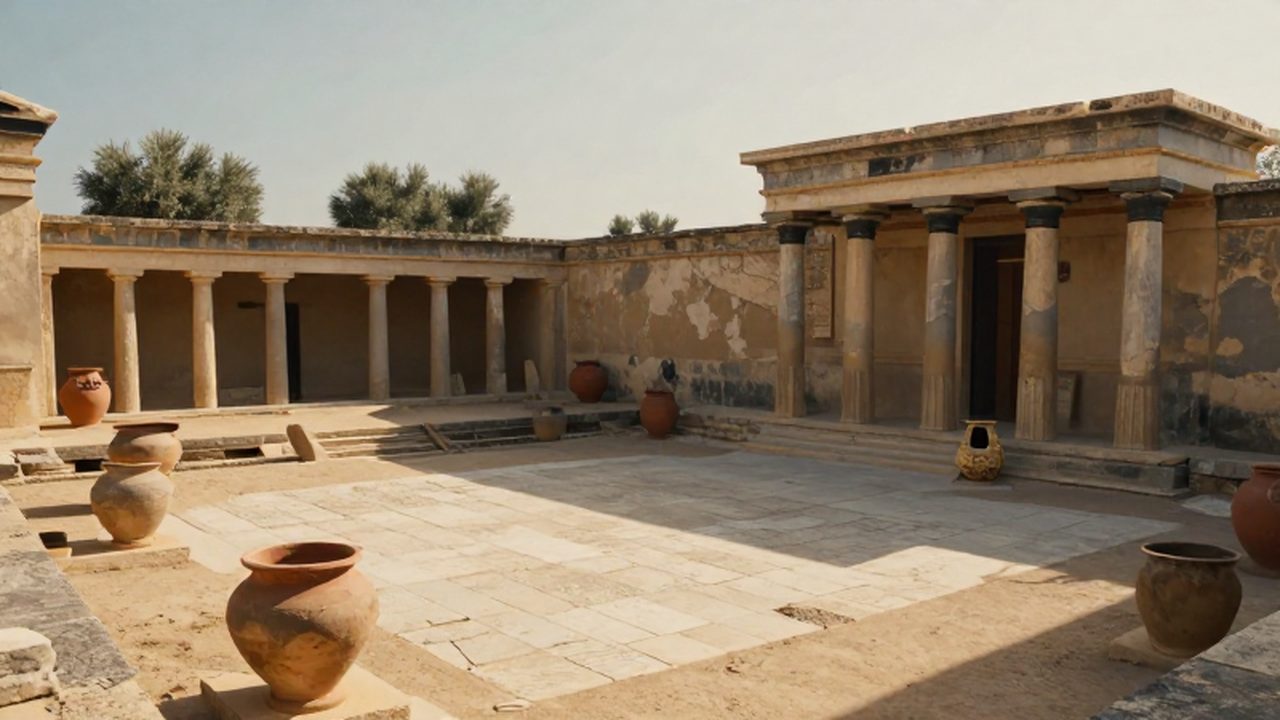 Patio ceremonial de un palacio micénico con grandes muros de piedra y vasijas de barro.