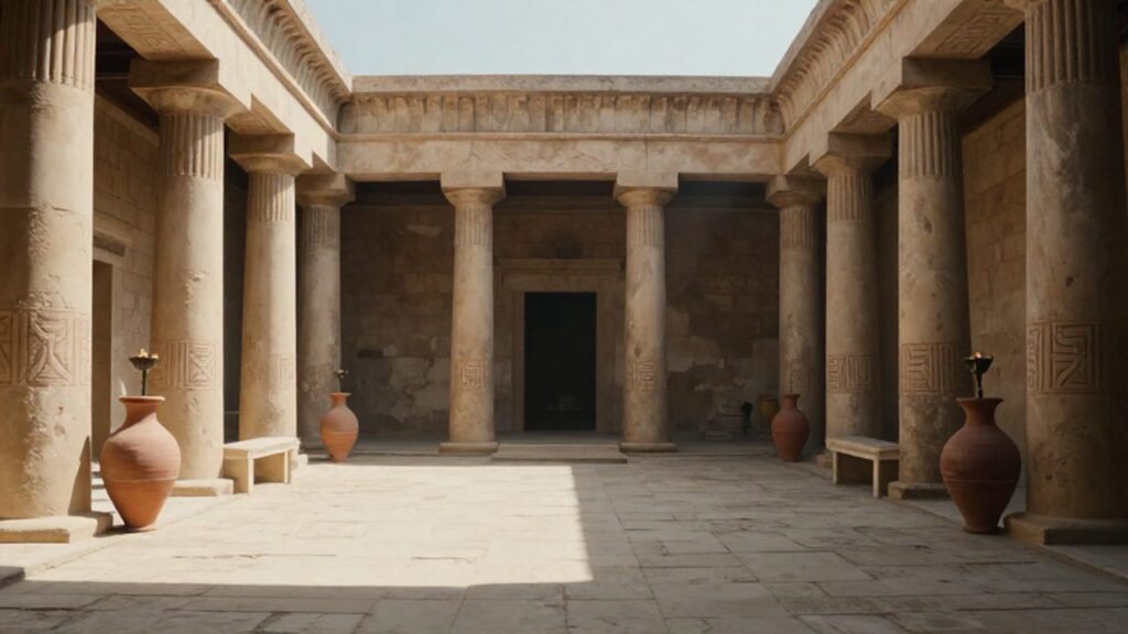 Patio central de un palacio micénico con grandes muros de piedra y columnas decoradas.