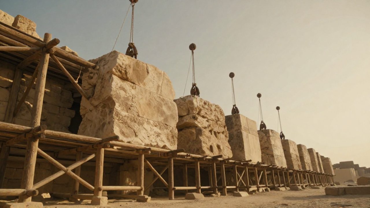 Grandes bloques de piedra caliza siendo elevados mediante andamios de madera en una fortificación antigua.
