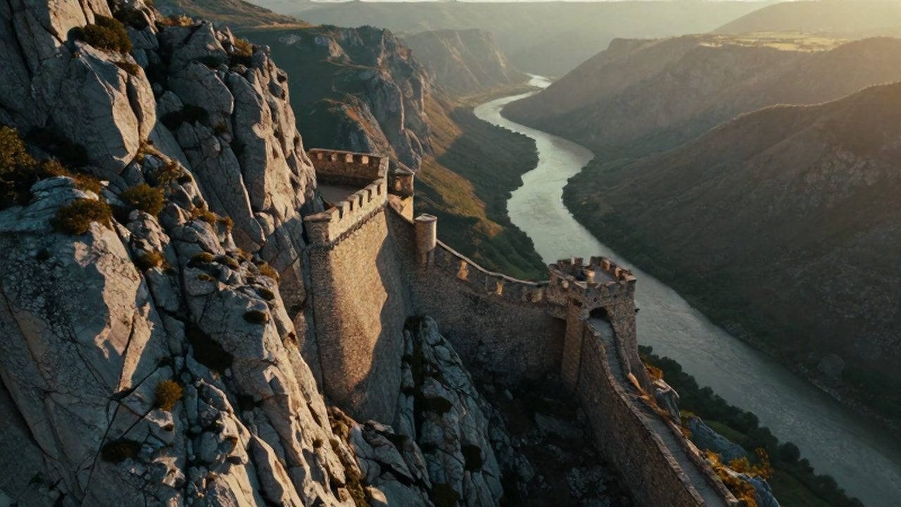 Fortaleza de piedra sobre un acantilado que domina un valle fluvial bajo la luz del atardecer.