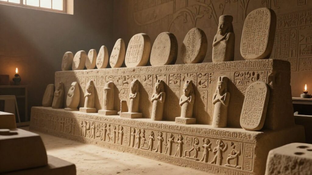 Variedad de estatuas y relieves de piedra mesopotámica sobre mesas en un taller antiguo.