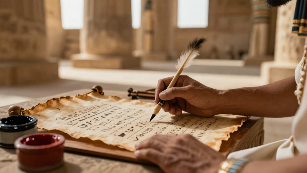 Escriba egipcio antiguo redactando jeroglíficos sobre un papiro en un templo iluminado por el sol.