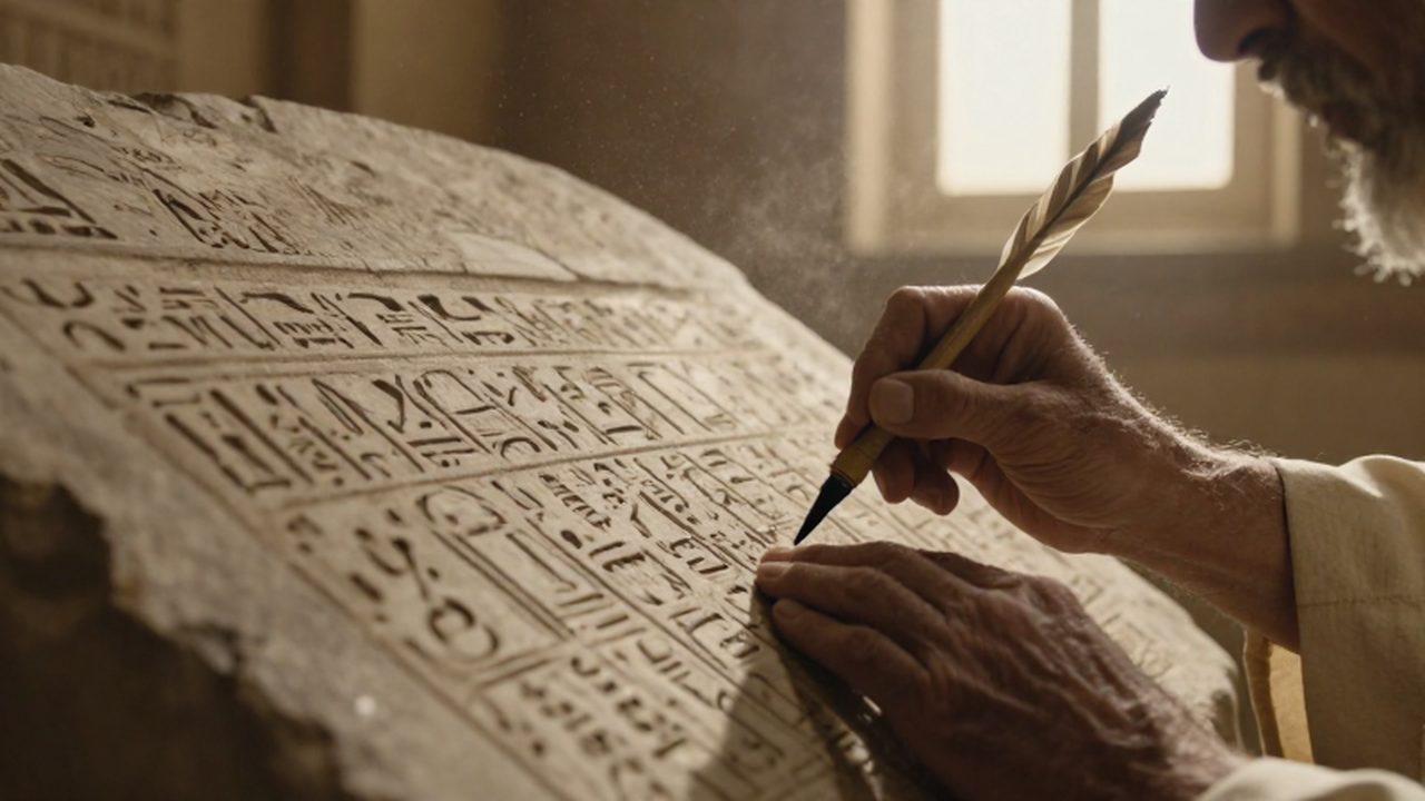 Manos de un escriba tallando jeroglíficos en piedra y escribiendo sobre papiro en un scriptorium egipcio.