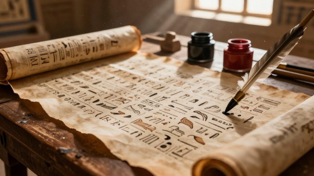 Escritura jeroglífica y hierática sobre rollos de papiro junto a plumas y tinta egipcia.